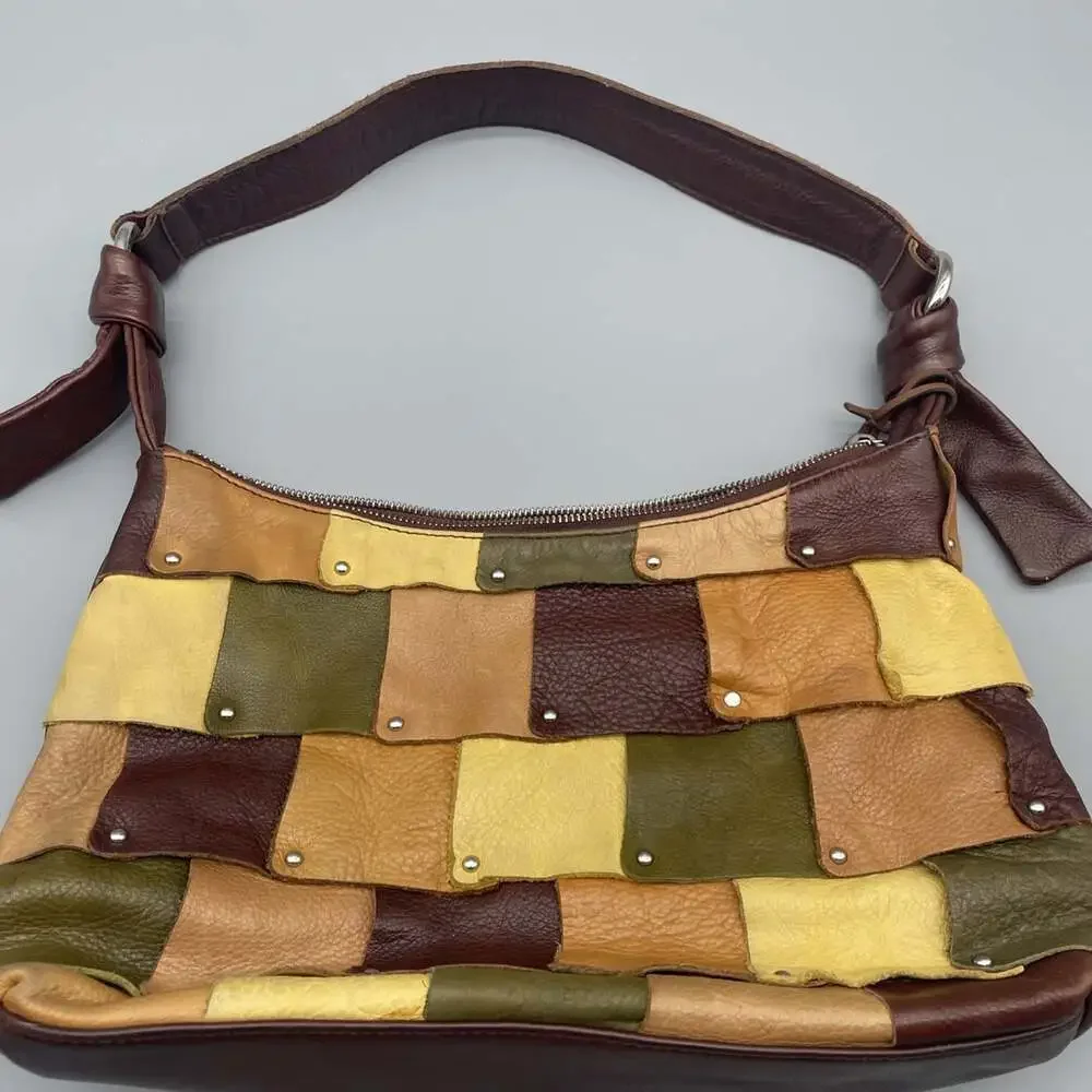 Gorgeous B. Makowski Earth Tone Multi Colored Leather Patchwork Boho Hobo Purse